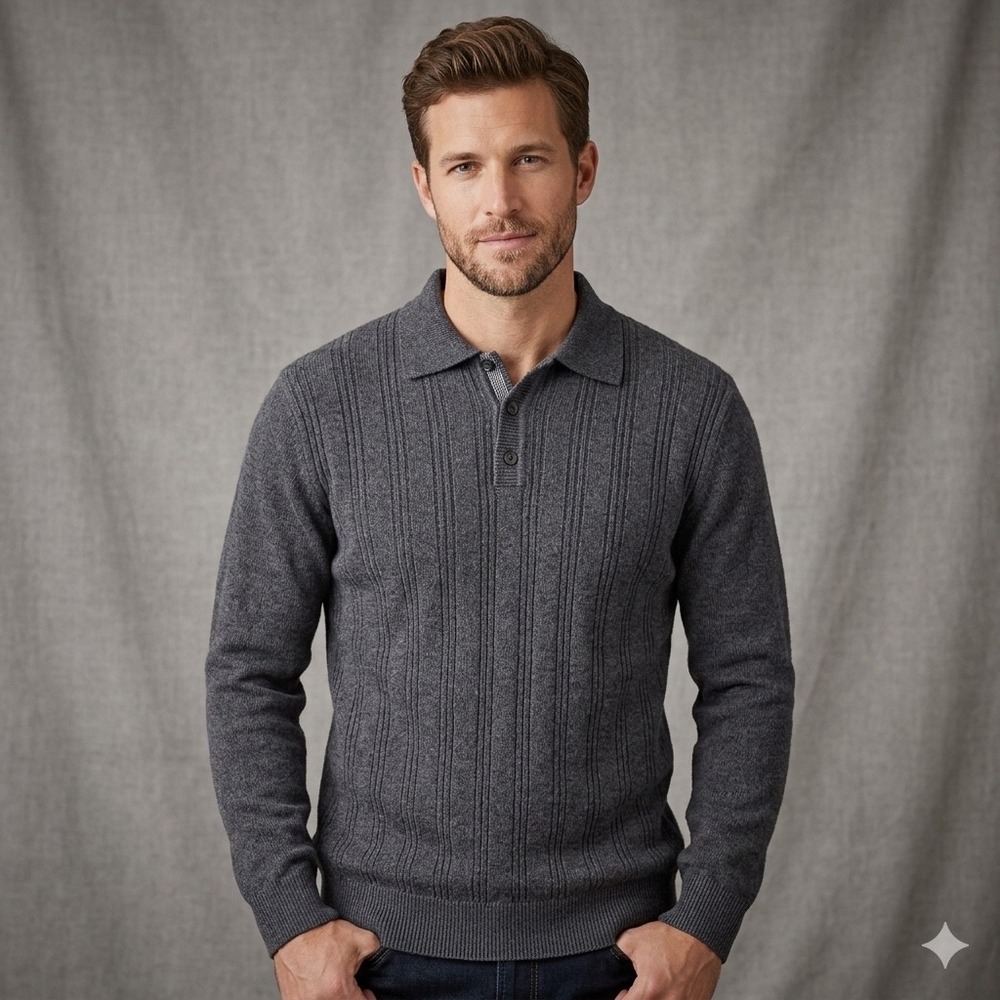 Arnold Palmer Mens Size Medium Gray Knit Polo Sweater Long Sleeve Ribbed Classic